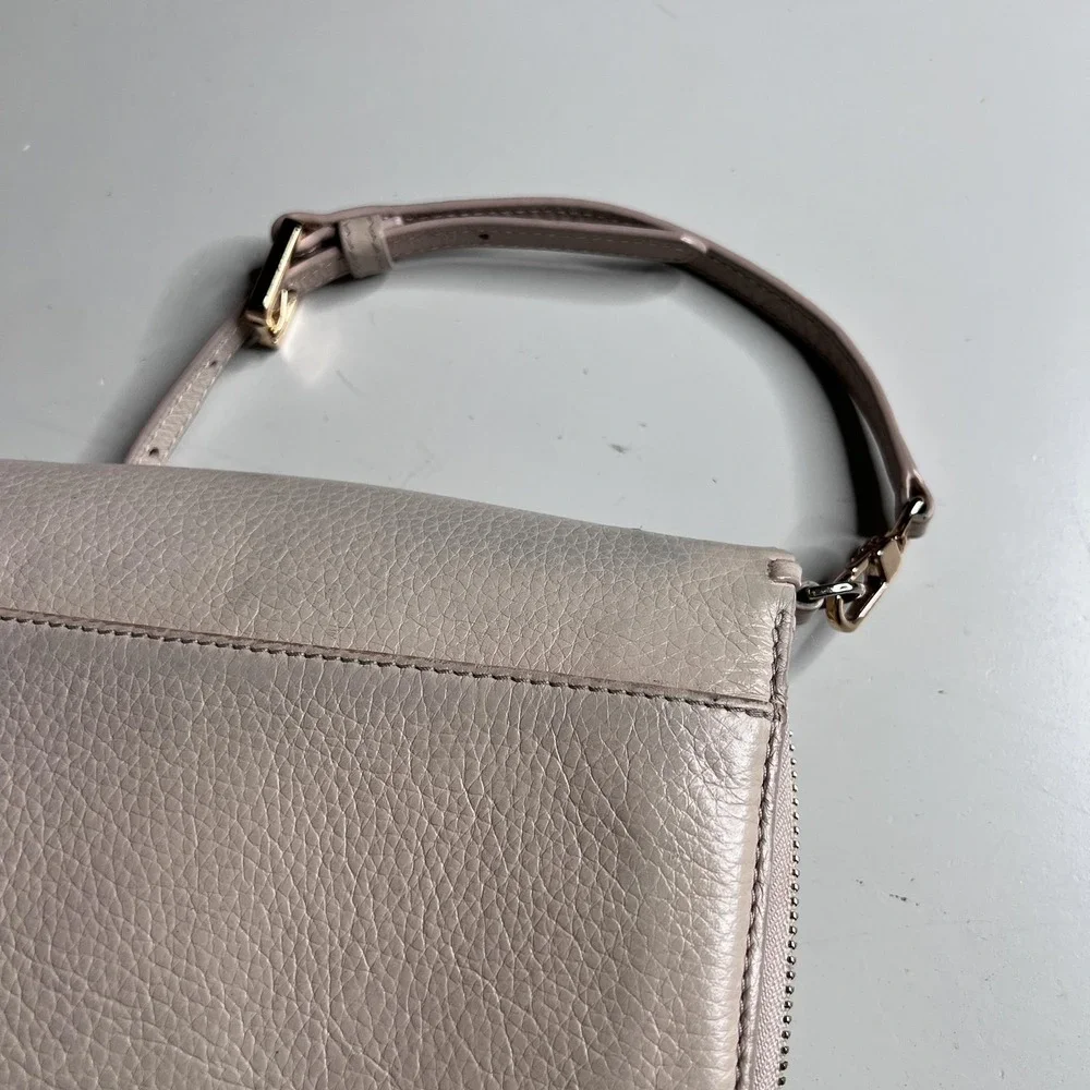 Tory Burch Crossbody Bag Womens Small Beige Leather Flap Wallet Whipstitch Logo